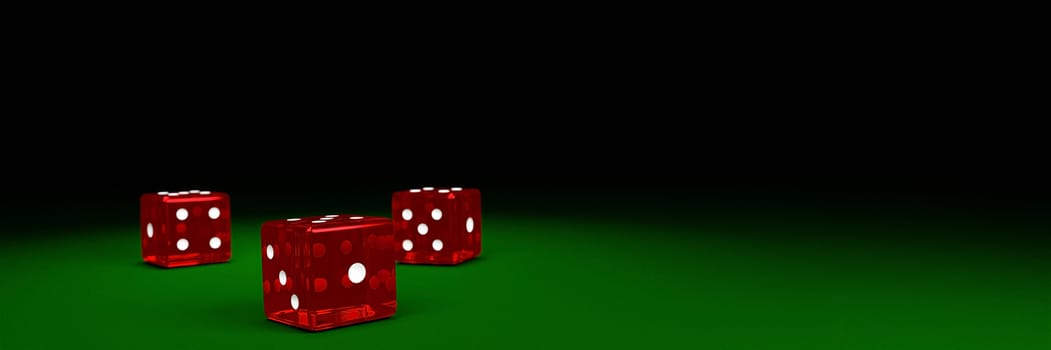 Transparent red dice are falling on the green felt table. The concept of dice gambling in casinos. 3D Rendering