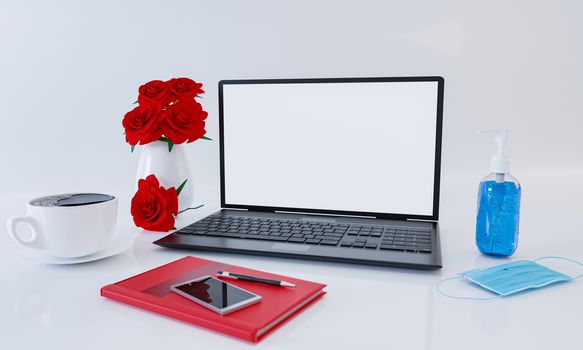 Equipment for the New normal lifestyle during the coronavirus COVID-19 pandemic. Alcohol, hand-washing gels, and medical masks on the work desk with laptops coffee in white glasses. 3D Rendering