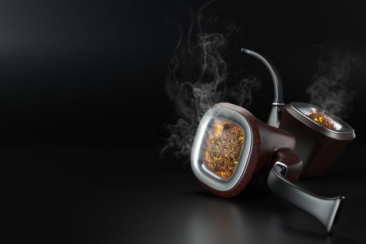 Two vintage pipe smoke placed on black background in dark. There is white smoke caused by burning floating out of a pipe. Concept of anti-tobacco and world no tobacco day. 3D illustrator rendering.