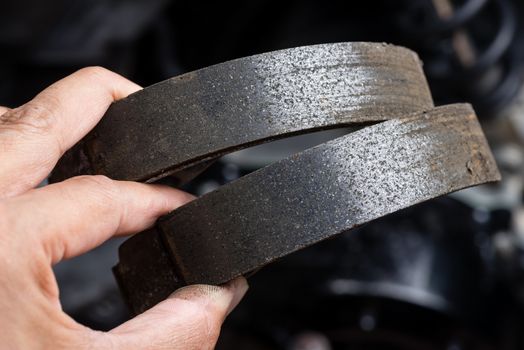 worn motorcycle drum breaks shoes. Motorcycle maintenance concept.