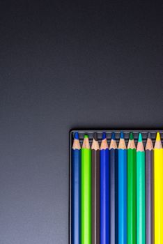 Color Pencils with plastic case isolated on Black Background close up. Colored style view top flat lay with free copy space for design or text. Back to school theme