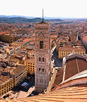 Firenze, Italy - June 29,2018: Cathedral, the dome of Brunelleschi, Campanile di Giotto, Piazza del Duomo, Firenze, Tuscany, Italy