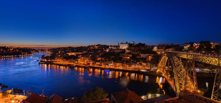 Porto, Portugal - September 8, 2019: Historic center of Porto in Portugal. Night view of the city in blue hour