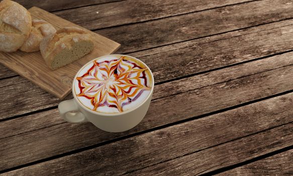 latte art coffee with chocolate sauce and caramel sauce  on Milk foam in white cup. Blur home made bread and  butcher in breakfast  concept on wooden table. Background mountian view and sunrise. 3D rendering.