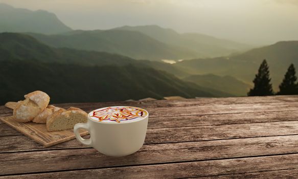 latte art coffee with chocolate sauce and caramel sauce  on Milk foam in white cup. Blur home made bread and  butcher in breakfast  concept on wooden table. Background mountian view and sunrise. 3D rendering.
