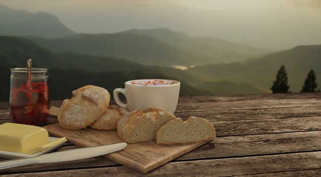 home made bread and  butcher in breakfast  concept on wooden table. Blur latte art coffee with chocolate sauce and caramel sauce  on Milk foam in white cup.   Background mountian view and sunrise. 3D rendering.