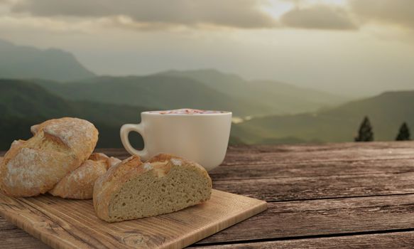 home made bread and  butcher in breakfast  concept on wooden table. Blur latte art coffee with chocolate sauce and caramel sauce  on Milk foam in white cup.   Background mountian view and sunrise. 3D rendering.