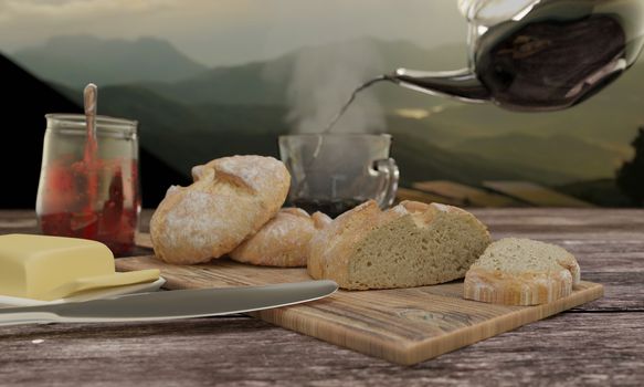 Home made bread and  butcher in breakfast  concept on wooden table. Blur black coffee in clear cup.   Background mountian view and sunrise. 3D rendering.