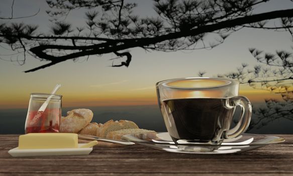 black coffee  in clear glass  and  Home made bread on butcher  for breakfast  concept on wooden table.   Background blur mountian view and sunrise. 3D rendering.