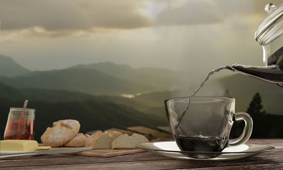 Black coffee in Clear coffee cup and pot on wooden table mountian view. 3D rendering.