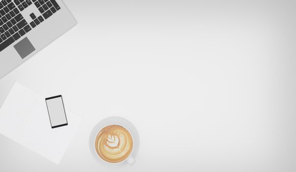 White office desk table with laptop computer, cup of latte art coffee and smartphone. Top view with copy space, flat lay. 3D Rendering.