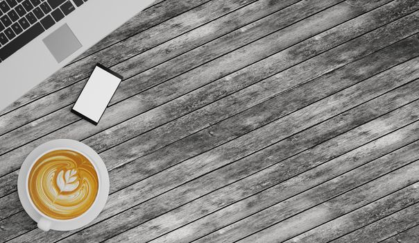 Wooden surface and plank desk table with laptop computer, cup of latte art coffee and smartphone. Top view with copy space, flat lay. 3D Rendering.