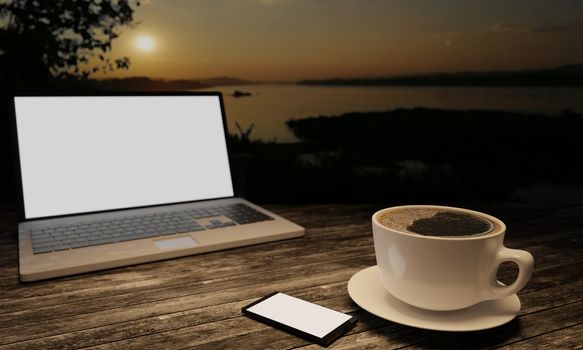 Black coffee in white cup on wooden surface table. Blur blank screen labtop , Black smartphone  white screen  on table. Copy space work desk and  travle concept. 3D Rendering.