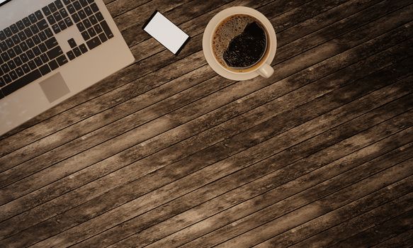 Wooden surface and plank desk table with laptop computer, cup of black coffee and smartphone. Top view with copy space, flat lay. 3D Rendering.