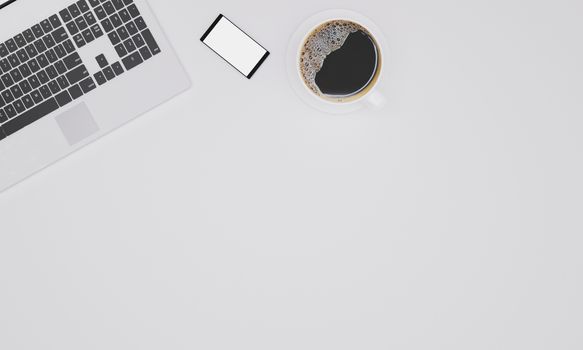 White office desk table with laptop computer, cup of black coffee and smartphone. Top view with copy space, flat lay. 3D Rendering.