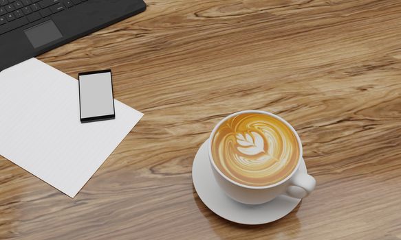 Latte Art coffee in white cup on wooden surface table. Black smartphone blank screen and white sheet on table. Copy space and work desk concept. 3D Rendering.