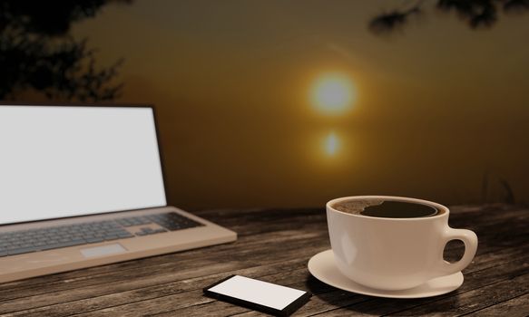 Black coffee in white cup on wooden surface table. Blur blank screen labtop , Black smartphone  white screen  on table. Copy space work desk and  travle concept. 3D Rendering.