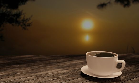 Black coffee in white cup on wooden and plank surface table. Blur background Sunrise and Mist at  Wang Kwang Reservoir , Phu Kradueng National Park , Thailand. Copy space work desk and  travel concept. 3D Rendering.