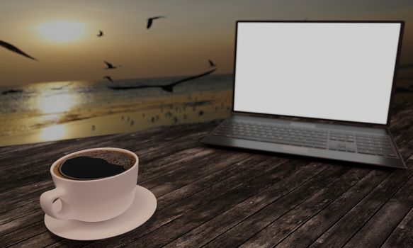 Black coffee in white cup on wooden surface table. Blur blank screen labtop , Black smartphone  white screen  on table. Copy space work desk and  travle concept. 3D Rendering.