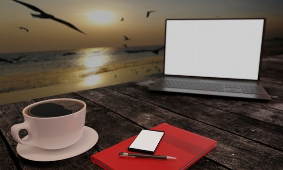 Black coffee in white cup on wooden surface table. Blur blank screen labtop , Black smartphone  white screen  on table. Copy space work desk and  travle concept. 3D Rendering.