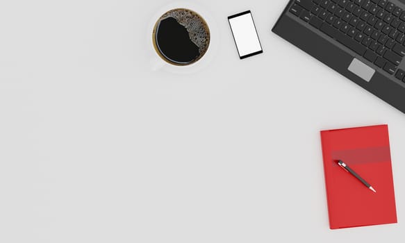 Black laptop computer, cup of black coffee , Red book and smartphone on white background and wallpaper. Top view with copy space, flat lay. 3D Rendering.