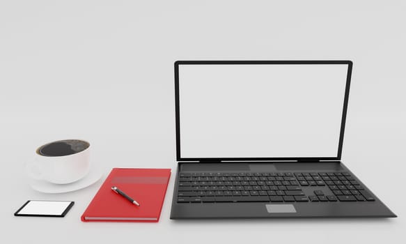 Black laptop computer, cup of black coffee , Red book and smartphone on white background and wallpaper. Top view with copy space, flat lay. 3D Rendering.