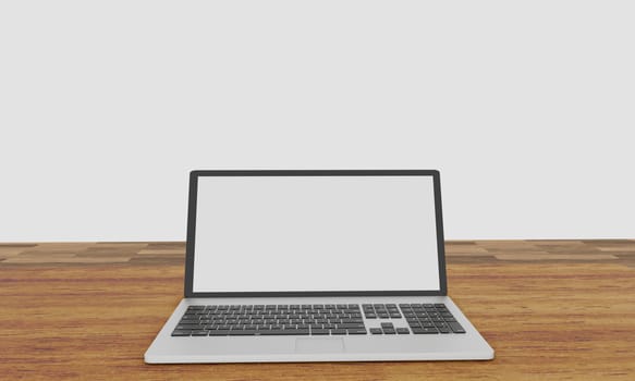 Computer Notebook or labtop white and blank screen on wooden surface table. White background or wallpaper. 3D Rendering. 