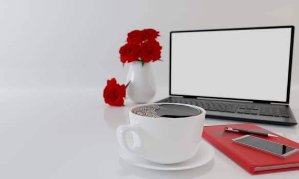 Cup of black coffee  , Red book and smartphone on white background and wallpaper.  Blur  Black laptop computer and red roses in white vase.  Copy space and concept for Valentine day and Financial. 3D Rendering.