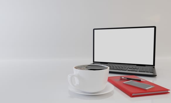 Black laptop computer, cup of black coffee , Red book and smartphone on white background and wallpaper. Top view with copy space, flat lay. 3D Rendering.