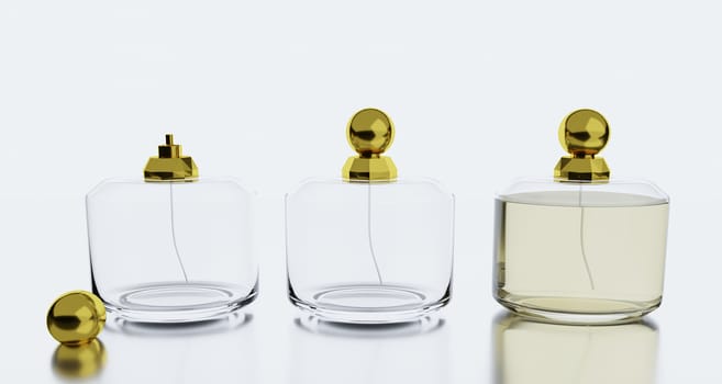 Set of Luxuary Perfume bottle. Clear bottle and Golden lid on white background with reflection. 3D rendering.