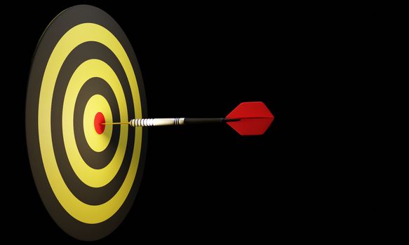 Arrow hitting in the target center of bullseye for Business focus concept,  Modern style. 3D rendering.