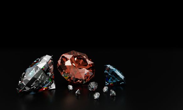 Diamonds on black background with reflect on surface. 3D Rendering.