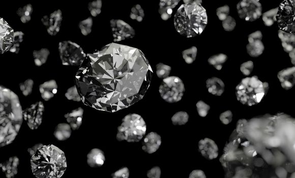 Diamonds on black background with reflect on surface. 3D Rendering.