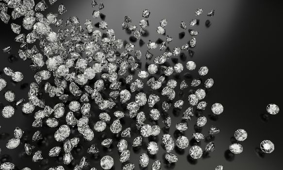 Diamonds on black background with reflect on surface. 3D Rendering.