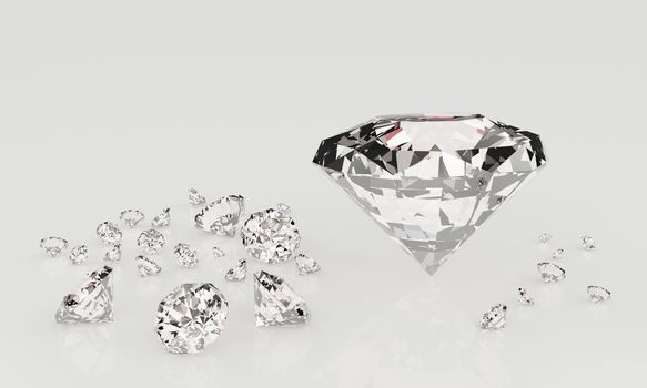 Many size Diamonds on  white background with Reflection on surface. 3D Rendering.