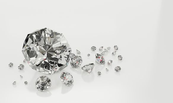 Many size Diamonds on  white background with Reflection on surface. 3D Rendering.