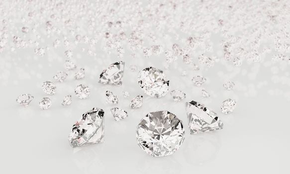 Many size Diamonds on  white background with Reflection on surface. 3D Rendering.