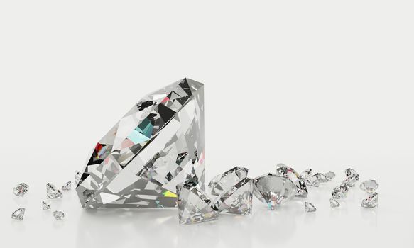 Many size Diamonds on  white background with Reflection on surface. 3D Rendering.