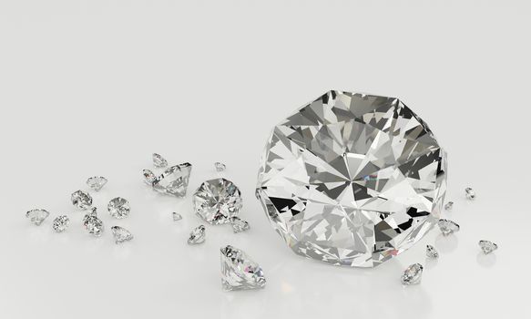 Many size Diamonds on  white background with Reflection on surface. 3D Rendering.