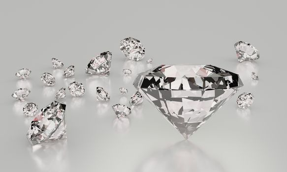 Many size Diamonds on  white background with Reflection on surface. 3D Rendering.