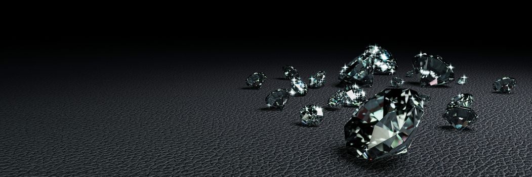 3D Rendering many size diamonds on dark gray  surface