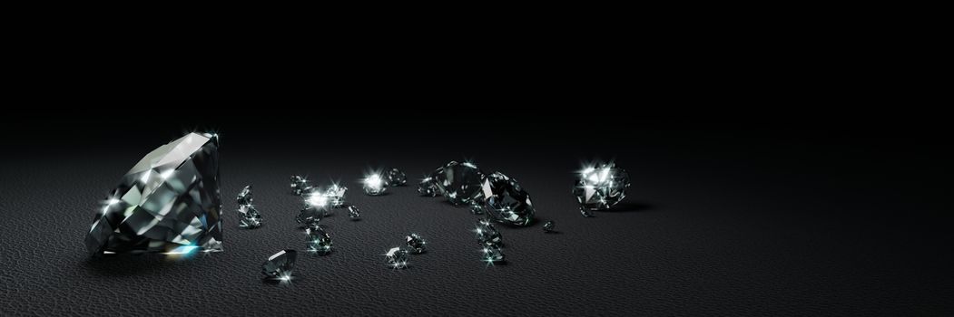 3D Rendering many size diamonds on dark gray  surface