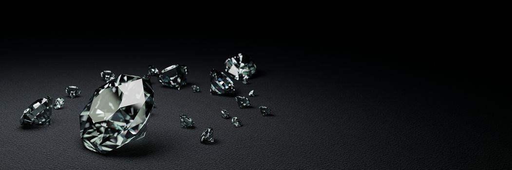 3D Rendering many size diamonds on dark gray  surface