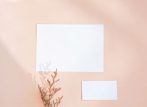 Flat lay of branding identity business name card on yellow background with flower, minimal light and shadow concept for design