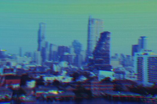 View of modern buildings and cityscape background with digital glitch effect