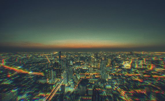 Cityscape of modern buildings in the city night background with digital glitch effect