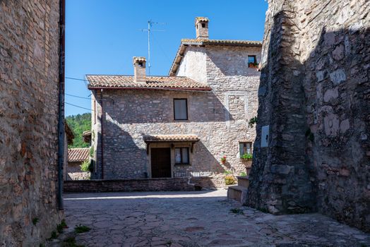 macerino,italy june 02 2020 :ancient village of macerino completely made of stone foreshortenings and houses