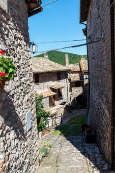 macerino,italy june 02 2020 :ancient village of macerino completely made of stone foreshortenings and houses