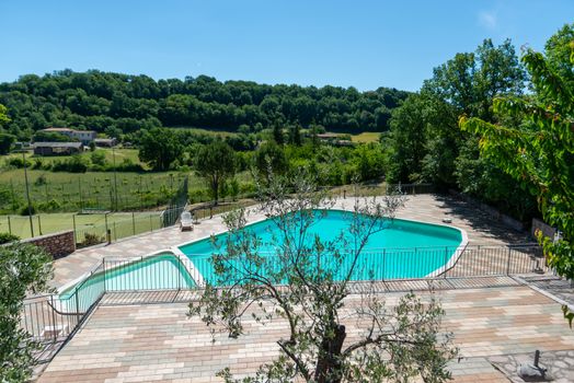 macerino,italy june 02 2020 :public swimming pool of the macerino holiday home