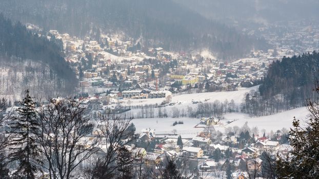 Panoramic view of Szczyrk town in winter, Beskid Mountains, Poland